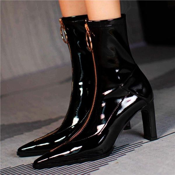 boots women's patent leather ankle front zip block high heels pointy toe party pumps shoes 34 35 36 37 38 39 40, Black
boots women's patent leather ankle front zip block high heels pointy toe party pumps shoes 34 35 36 37 38 39 40, Black
