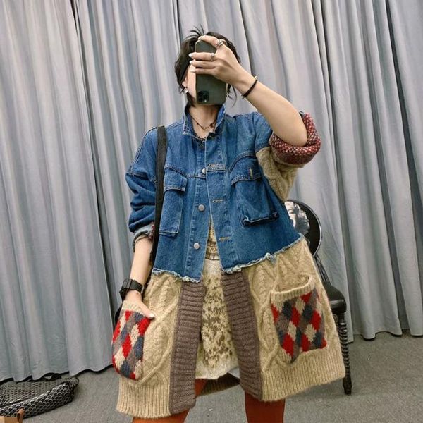 women's trench coats loose knit stitching denim jacket autumn long-sleeved mid-length coat, Tan;black
women's trench coats loose knit stitching denim jacket autumn long-sleeved mid-length coat, Tan;black