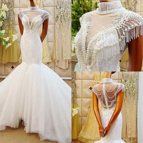 2021 new luxury pearls tassel mermaid es high neck with beading lace romantic wedding bridal gown court train zqgg, White
2021 new luxury pearls tassel mermaid es high neck with beading lace romantic wedding bridal gown court train zqgg, White