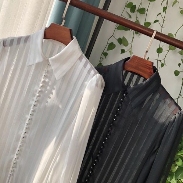 women's blouses & shirts ladies contrast stirpe long sleeve lapel multi buttoned micro-transparent blouse shirt top, White
women's blouses & shirts ladies contrast stirpe long sleeve lapel multi buttoned micro-transparent blouse shirt top, White