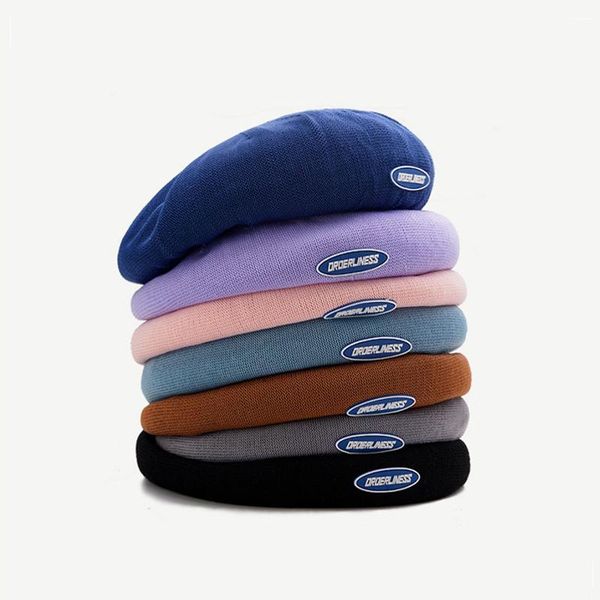 berets female spring summer korean ins version pu leather label beret casual wild cotton linen breathable knitted painter hat, Blue;gray