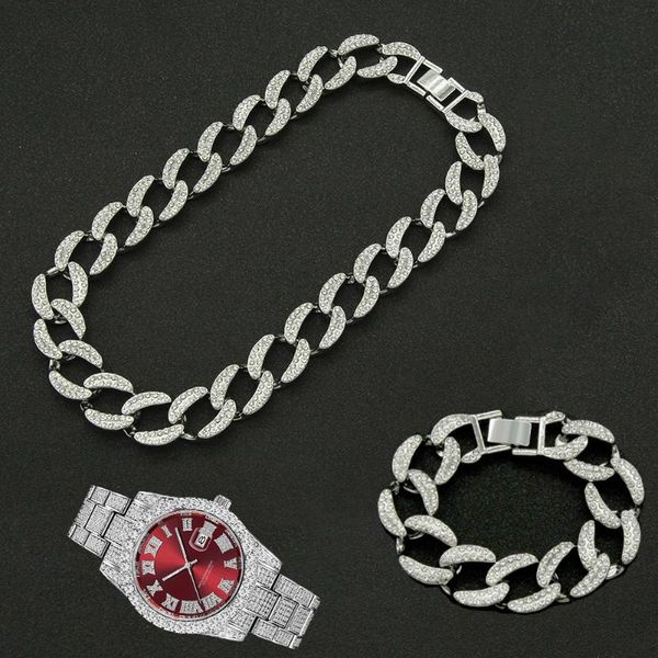 chains hip hop 3pcs kit 19mm full iced out paved rhinestone choker cuban necklace+watch+bracelet for men women charm jewelry, Silver
chains hip hop 3pcs kit 19mm full iced out paved rhinestone choker cuban necklace+watch+bracelet for men women charm jewelry, Silver