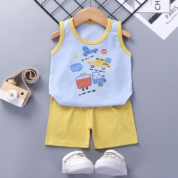 cotton girls' new set shorts summer baby vest korean boys' suit children's wear, Black;white