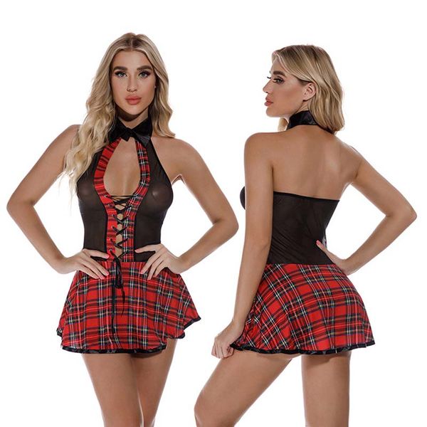women lingerie bodysuit black lace cosplay uniform set hollow plaid skirt girl mesh v-neck bandage halter strap sleepwear, Black;white
women lingerie bodysuit black lace cosplay uniform set hollow plaid skirt girl mesh v-neck bandage halter strap sleepwear, Black;white