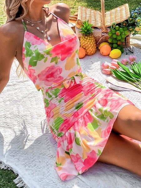 random floral print tie backless ruched ruffle hem belted halter dress 753d#, Black;gray
random floral print tie backless ruched ruffle hem belted halter dress 753d#, Black;gray