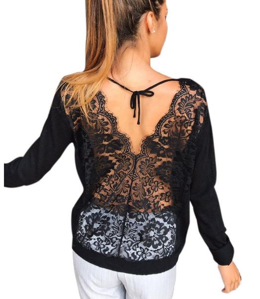 popular lace stitched open back long sleeve t-shirt, White
popular lace stitched open back long sleeve t-shirt, White
