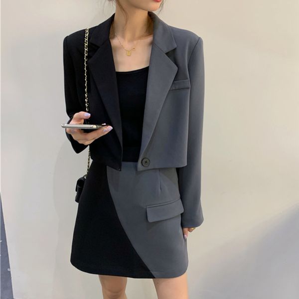 2021 2 piece womens outfits office lady patchwork long sleeve coat thin crop + mini skirt set casual korean autumn new icvn, Black;gray
2021 2 piece womens outfits office lady patchwork long sleeve coat thin crop + mini skirt set casual korean autumn new icvn, Black;gray