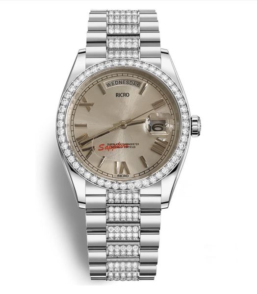 master watch luxury silver case diamond-encrusted strap sapphire glass folding buckle mechanical automatic movement 36mm dial roman numeral, Slivery;brown
master watch luxury silver case diamond-encrusted strap sapphire glass folding buckle mechanical automatic movement 36mm dial roman numeral, Slivery;brown