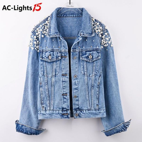 women's jackets 2022 women pearl beading short denim turn-down collar jean jacket for loose casual long vintage coat female, Black;brown
women's jackets 2022 women pearl beading short denim turn-down collar jean jacket for loose casual long vintage coat female, Black;brown