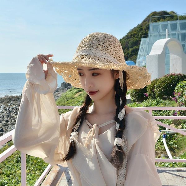 wide brim hats summer straw hat lace beach female korean windproof rope travel wide-brimmed sun elegant lolita bucket vacation, Blue;gray
wide brim hats summer straw hat lace beach female korean windproof rope travel wide-brimmed sun elegant lolita bucket vacation, Blue;gray