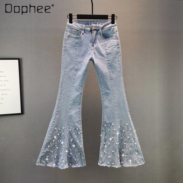 women's jeans 2021 autumn cotton stretch european slim-fitting slimming beads rhinestones wide leg bell-bottom pants, Blue
women's jeans 2021 autumn cotton stretch european slim-fitting slimming beads rhinestones wide leg bell-bottom pants, Blue