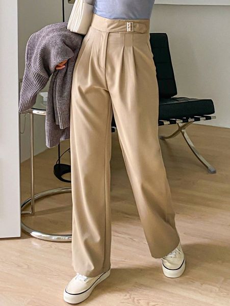 dazy buckle waist fold pleated pants x2ub#, Black;white
