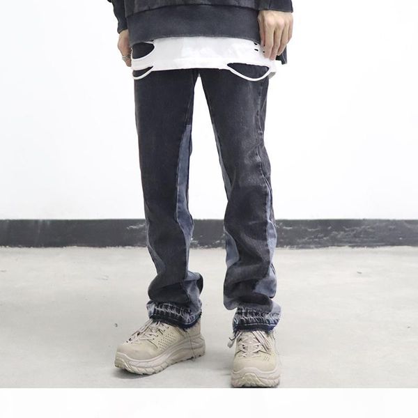 high street washed color match frayed micro-flared jeans mens straight spliced retro loose casual denim pants hip hop trousers, Blue
high street washed color match frayed micro-flared jeans mens straight spliced retro loose casual denim pants hip hop trousers, Blue
