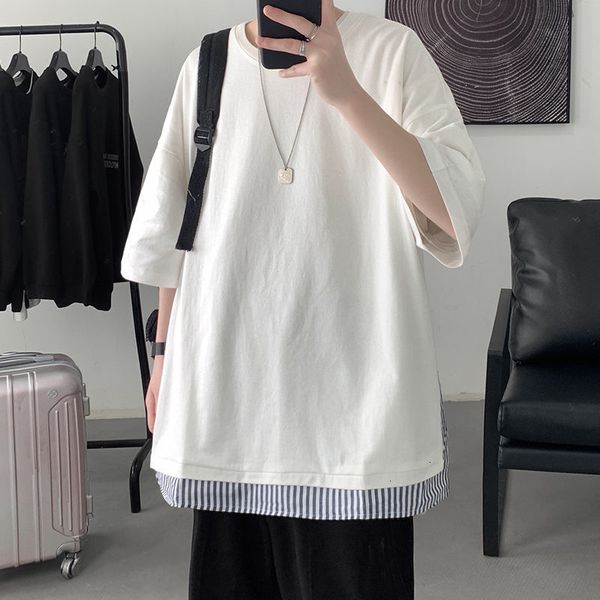 2021 new cotton fake two-piece t-shirt men's fashion casual striped t shirt men streetwear korean loose hip-hop short-sleeved tshirt me, White;black
2021 new cotton fake two-piece t-shirt men's fashion casual striped t shirt men streetwear korean loose hip-hop short-sleeved tshirt me, White;black