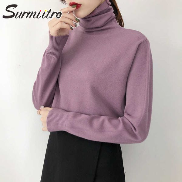 surmiitro korean style knitted women turtleneck fashion autumn winter sweater long sleeve jumper pullover female knitwear 210712, White;black