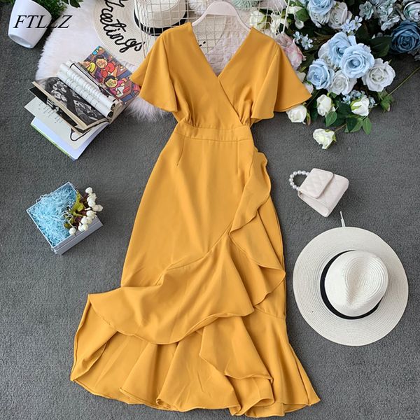 2021 new vintage irregular ruffles solid yellow black red summer v neck women elegant short sleeve vestidos x5w1, Black;gray
2021 new vintage irregular ruffles solid yellow black red summer v neck women elegant short sleeve vestidos x5w1, Black;gray