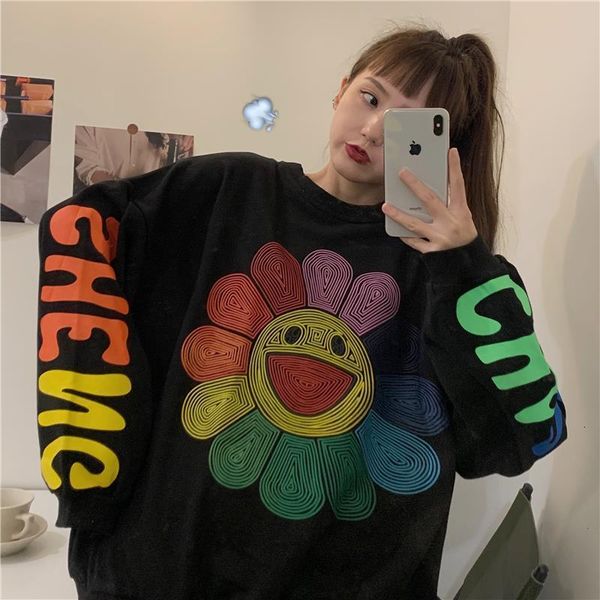 2021 autumn rainbow seven-color sun flower letter printing round neck pullover capless thin sweatshirt women, Black
2021 autumn rainbow seven-color sun flower letter printing round neck pullover capless thin sweatshirt women, Black