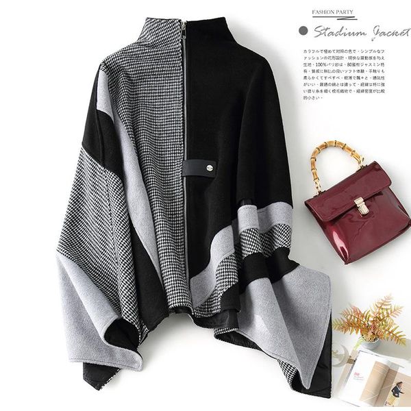 women's wool & blends woolen coat 2021 autumn fashion temperament loose color contrast stitching irregular cape woman 3617, Black
women's wool & blends woolen coat 2021 autumn fashion temperament loose color contrast stitching irregular cape woman 3617, Black