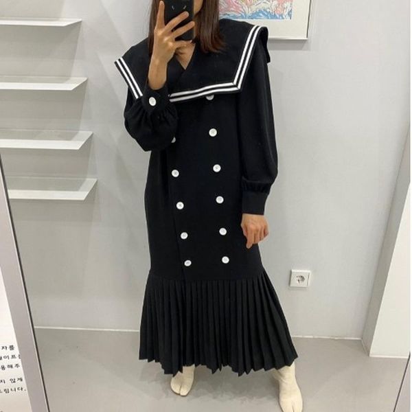 casual dresses korean retro elegant preppy style loose long dress sailor collar double breasted pleated patchwork robe autumn chic vestidos, Black;gray
casual dresses korean retro elegant preppy style loose long dress sailor collar double breasted pleated patchwork robe autumn chic vestidos, Black;gray