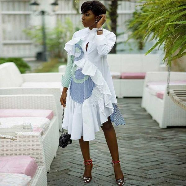 long sleeve casual women striped ruffle button white autumn korean knee length party loose shirt dress, Black;white
long sleeve casual women striped ruffle button white autumn korean knee length party loose shirt dress, Black;white