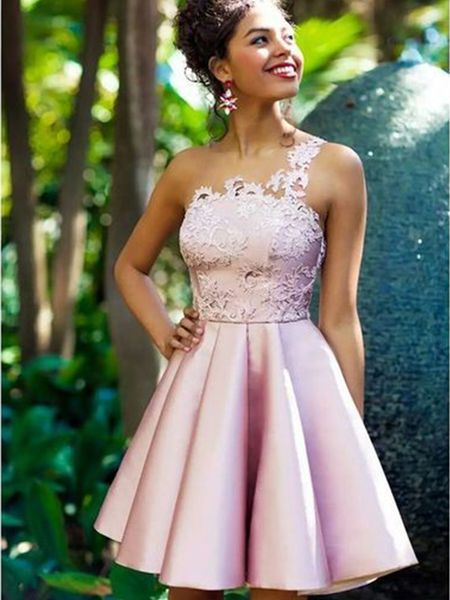 country bridesmaid dresses short for weddings pink satin one shoulder illusion appliqued knee length maid honor gowns, White;pink
country bridesmaid dresses short for weddings pink satin one shoulder illusion appliqued knee length maid honor gowns, White;pink