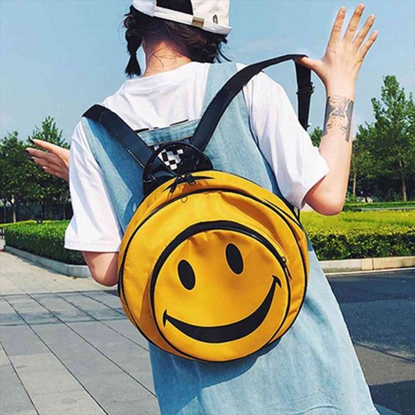 cute smiley face print large round backpack for girls yellow nylon students travel bag preppy style school
cute smiley face print large round backpack for girls yellow nylon students travel bag preppy style school