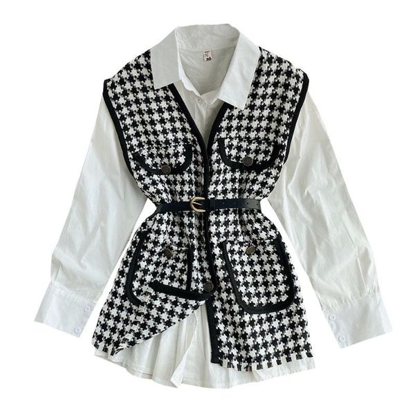 women's tracksuits two piece set 2021 autumn design women long sleeve white blouse shirts+loose houndstooth vest pocket waistcoat, Gray
women's tracksuits two piece set 2021 autumn design women long sleeve white blouse shirts+loose houndstooth vest pocket waistcoat, Gray