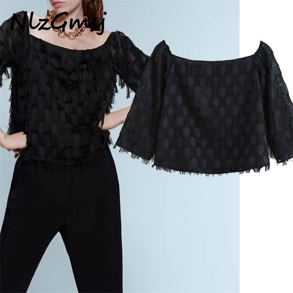 blouse womens fashion summer elegant tassel black strapless women long sleeve loose shirts chic 210628, White
blouse womens fashion summer elegant tassel black strapless women long sleeve loose shirts chic 210628, White