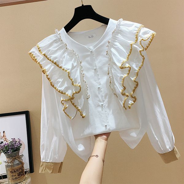new vintage contrast ruffles patchwork solid o neck full shirt women's 2021 spring blouse j56i, White;black
new vintage contrast ruffles patchwork solid o neck full shirt women's 2021 spring blouse j56i, White;black