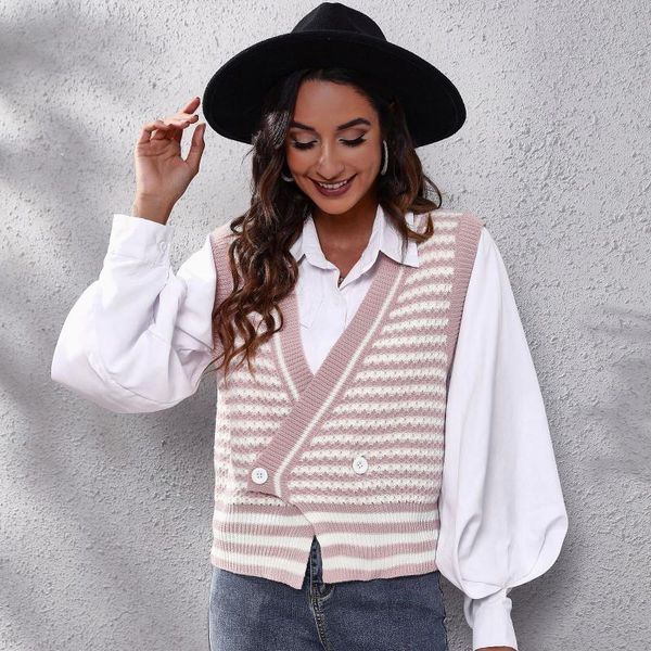 women's knits & tees pink cardigan striped knitted sweater vest autumn and winter style, White
women's knits & tees pink cardigan striped knitted sweater vest autumn and winter style, White