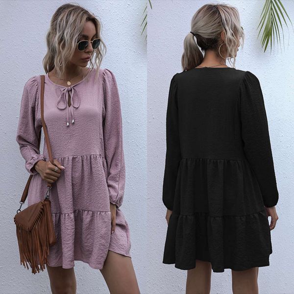 2021 spring new loose long sve solid round neck lace up pleated drs for women, White
2021 spring new loose long sve solid round neck lace up pleated drs for women, White