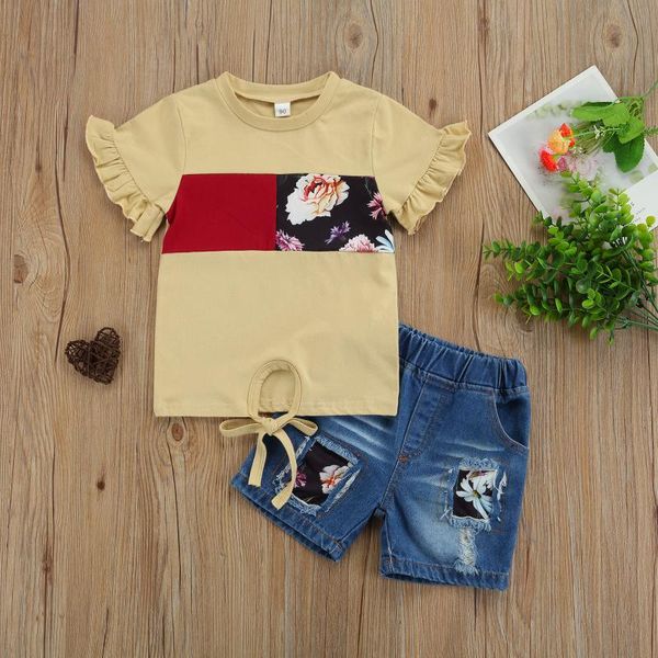 clothing sets toddler girls 2pcs summer outfits, short sleeve floral print patchwork t-shirt and ripped denim shorts set, White
clothing sets toddler girls 2pcs summer outfits, short sleeve floral print patchwork t-shirt and ripped denim shorts set, White