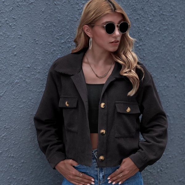women's jackets corduroy coat 2021 autumn winter fashion women turn-down collar solid pockets jacket short button overcoat, Black;brown
women's jackets corduroy coat 2021 autumn winter fashion women turn-down collar solid pockets jacket short button overcoat, Black;brown