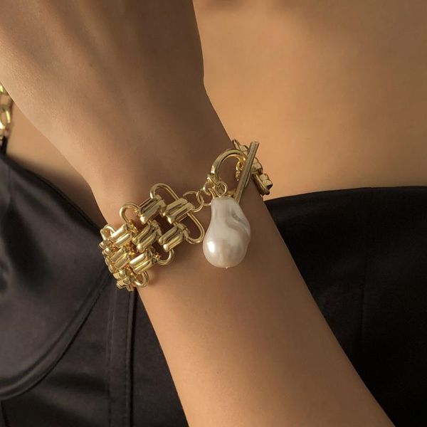 bangle big imitation irregular pearl pendant bracelet exaggerated geometric wide chain wristlet hollow adjustable women party jewelry, Black
bangle big imitation irregular pearl pendant bracelet exaggerated geometric wide chain wristlet hollow adjustable women party jewelry, Black