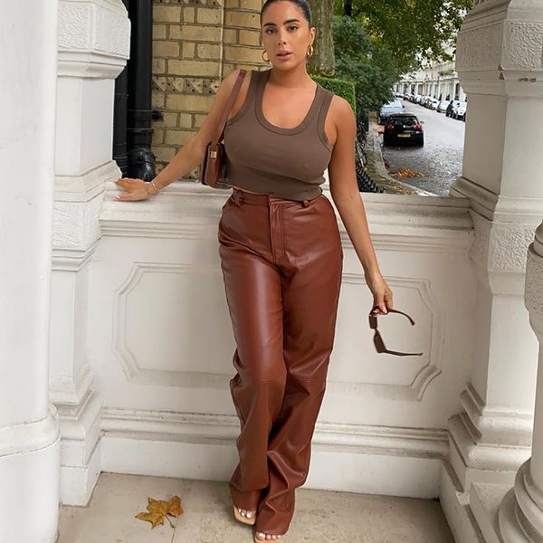 vintage high waist button pocket straight loose legs womens trousers 2021 autumn pu faux leather elegant female pants, Black;white
vintage high waist button pocket straight loose legs womens trousers 2021 autumn pu faux leather elegant female pants, Black;white
