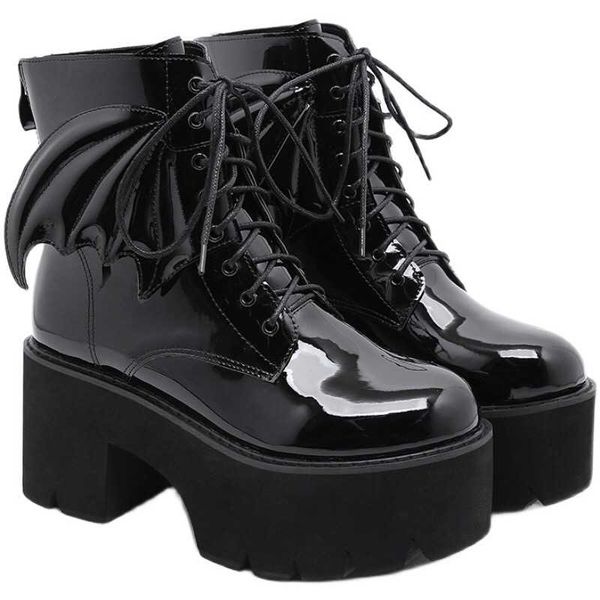 british style super heels short cute lace-up motorcycle boots high platform dwaterproof water patent leather wings j2of, Black
british style super heels short cute lace-up motorcycle boots high platform dwaterproof water patent leather wings j2of, Black