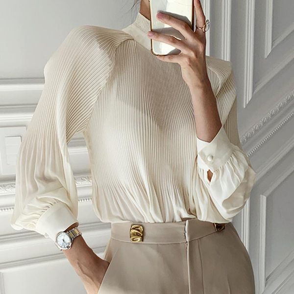 women's blouses & shirts elegant chic stand collar women solid 2021 spring ladies long sleeve pleated loose female, White
women's blouses & shirts elegant chic stand collar women solid 2021 spring ladies long sleeve pleated loose female, White