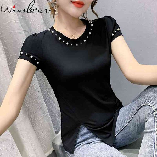 women's t-shirt summer korean style cotton slit fashion solid o-neck shiny beads women short sleeve all match tees t1470, White
women's t-shirt summer korean style cotton slit fashion solid o-neck shiny beads women short sleeve all match tees t1470, White