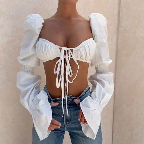 women's blouses & shirts 2021 summer women fashion solid flare sleeve bandage shirring crop short square collar black white
women's blouses & shirts 2021 summer women fashion solid flare sleeve bandage shirring crop short square collar black white
