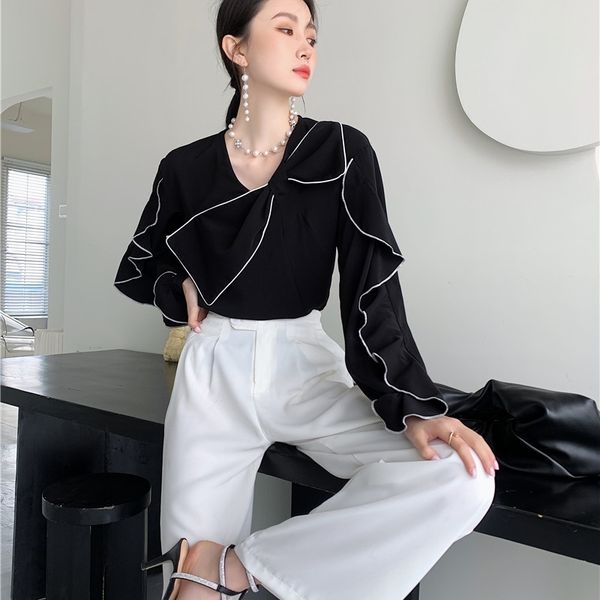 women's knits & tees designer black ruffle bow korean blouse women long sleeve ladies spring contrast stitch loose fashion hcc, White
women's knits & tees designer black ruffle bow korean blouse women long sleeve ladies spring contrast stitch loose fashion hcc, White