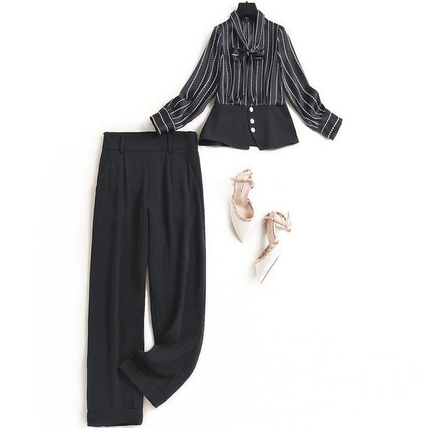 women designer striped chiffon shirts bow collar office lady patchwork + black pants suit elegant two piece set white
women designer striped chiffon shirts bow collar office lady patchwork + black pants suit elegant two piece set white