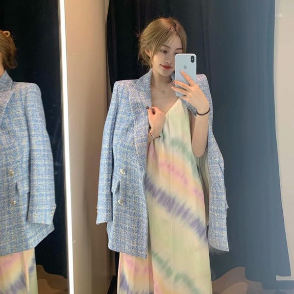 women's suits & blazers 2021 blue twill tweed jacket vintage lattice women suit jackets ladies asymmetrical double breasted coat simple, White;black 
women's suits & blazers 2021 blue twill tweed jacket vintage lattice women suit jackets ladies asymmetrical double breasted coat simple, White;black