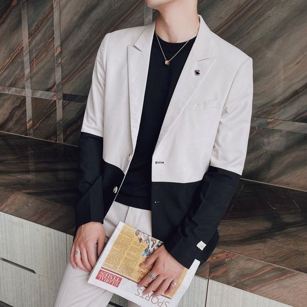 men's suits & blazers trendy green black stitching color blazer suit men sigle breasted jacket + pant party club stylishing, White;black 
men's suits & blazers trendy green black stitching color blazer suit men sigle breasted jacket + pant party club stylishing, White;black