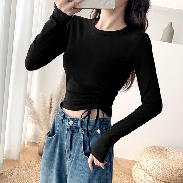 black crew neck t-shirt drawstring short base shirt women's high waist navel exposed tight with long sleeves in autumn and, White
black crew neck t-shirt drawstring short base shirt women's high waist navel exposed tight with long sleeves in autumn and, White