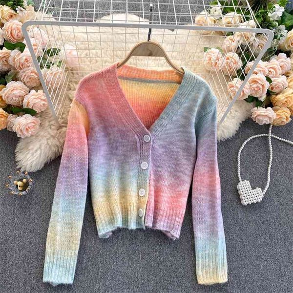 gentle grandient color sweet sweater cardigan spring autumn long sleeve v-neck button-up women short knit jacket 210603, White
gentle grandient color sweet sweater cardigan spring autumn long sleeve v-neck button-up women short knit jacket 210603, White