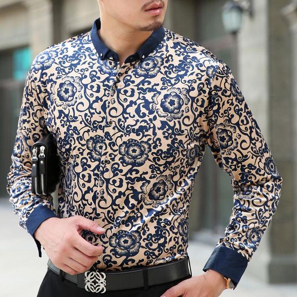 men's casual shirts exquisite printing high-end luxury fashion long sleeve shirt men arrival velvet soft smooth chemise homme, White;black