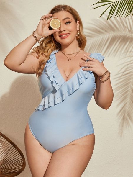 plus ruffle trim one piece swimsuit b37y#, Black 
plus ruffle trim one piece swimsuit b37y#, Black