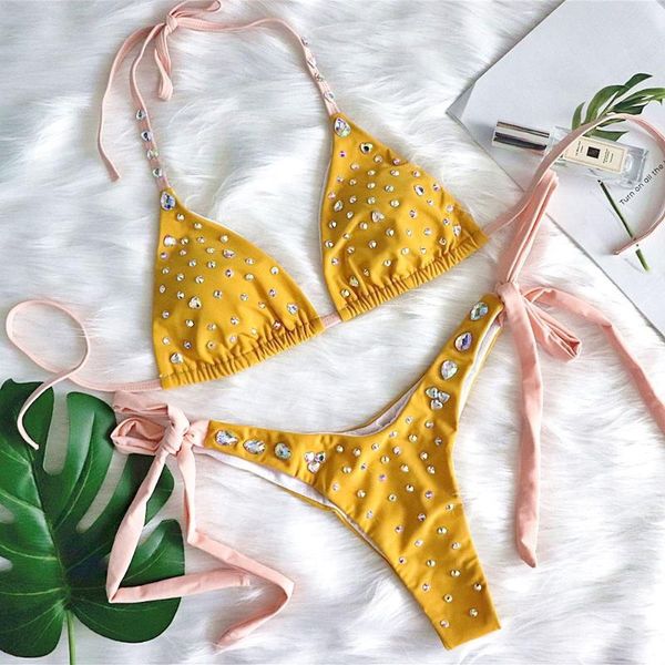 women's swimwear diamond bikini solid yellow shiny crystal braizilian strappy push up padded bathing suit thong swimsuit biquini, White;black
women's swimwear diamond bikini solid yellow shiny crystal braizilian strappy push up padded bathing suit thong swimsuit biquini, White;black