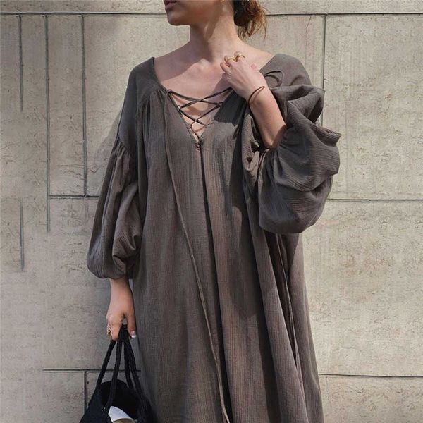 women spring summer dress oversize high waist v-neck lantern sleeve cotton linen vintage backless lady long dress 210527, Black;gray
women spring summer dress oversize high waist v-neck lantern sleeve cotton linen vintage backless lady long dress 210527, Black;gray
