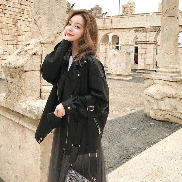women's leather & faux motorcycle jacket female short 2021 spring autumn fall korean loose boyfriend style handsome jaqueta pu r235, Black
women's leather & faux motorcycle jacket female short 2021 spring autumn fall korean loose boyfriend style handsome jaqueta pu r235, Black